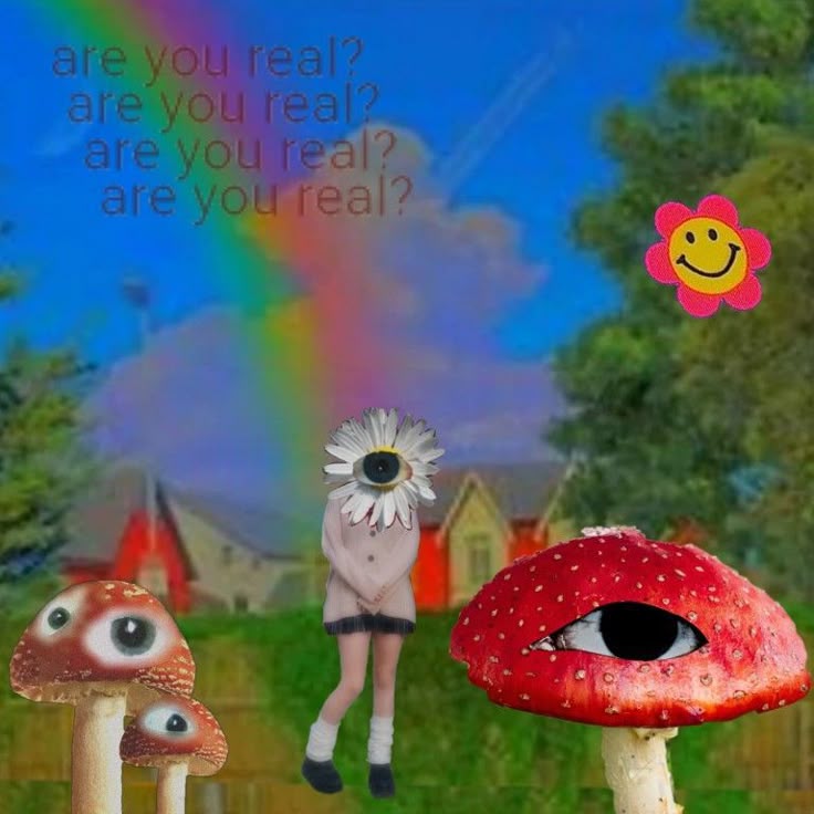 Weirdcore landscape with rainbow, flower-eye figure, and eye-mushrooms