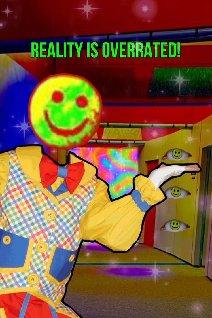 Weirdcore clown figure with smiley face head in a colorful, distorted room
